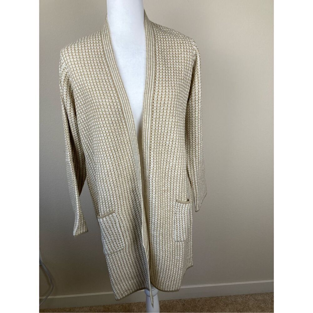Fortune + Ivy Tan White Waffle Knit Open Front Longline Cardigan Sweater Large